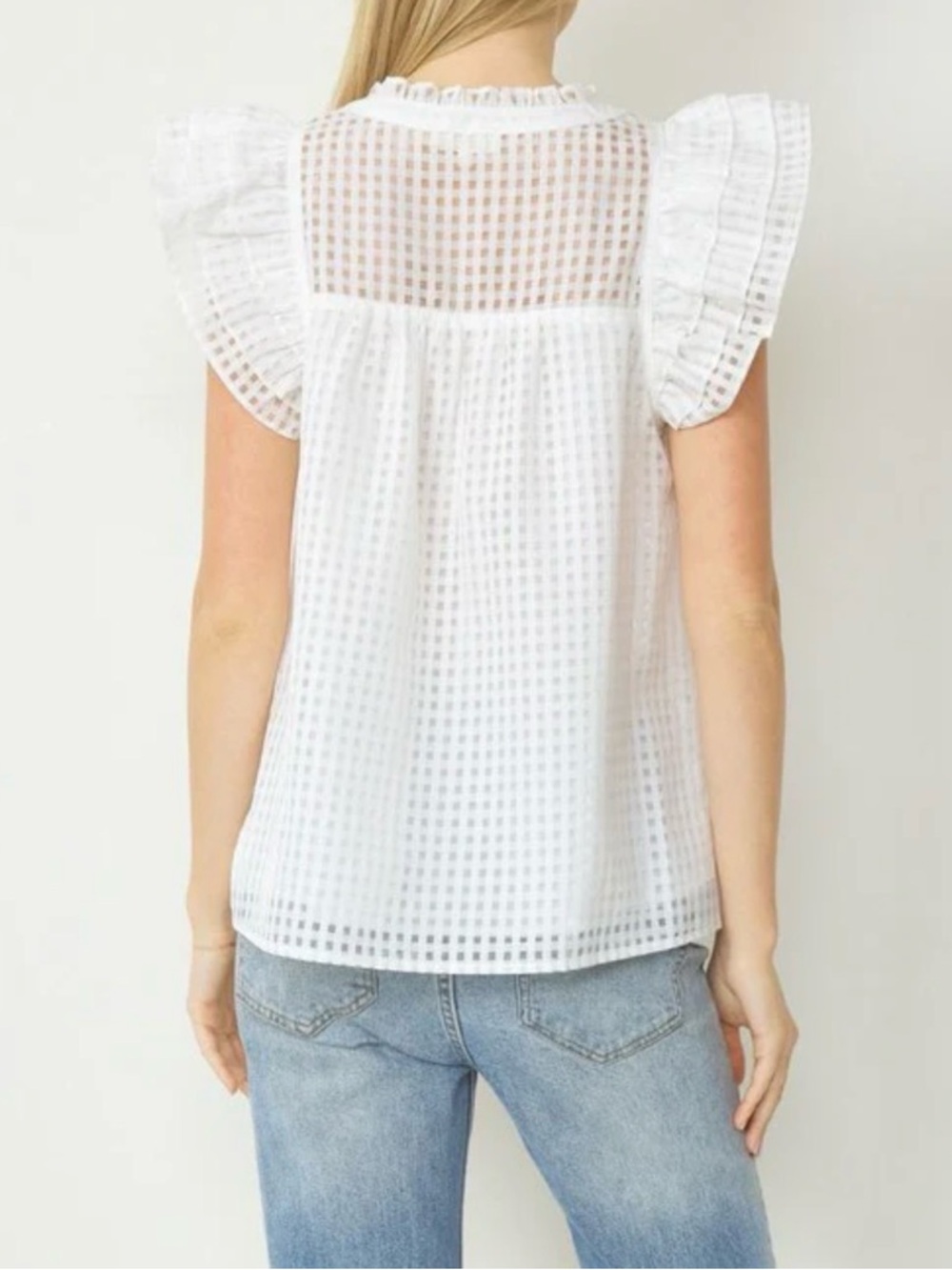 entro White grid pattern sheer Ruffle Sleeve V-Neck Top - Picture 2 of 12